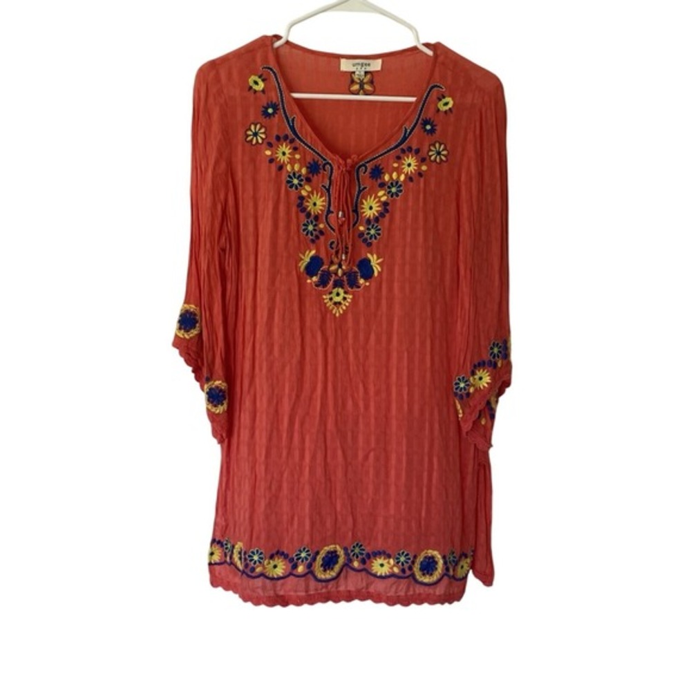 Umgee Coral Embroidered Boho Tunic Top Floral Peasant Blouse Women's L - Picture 2 of 9